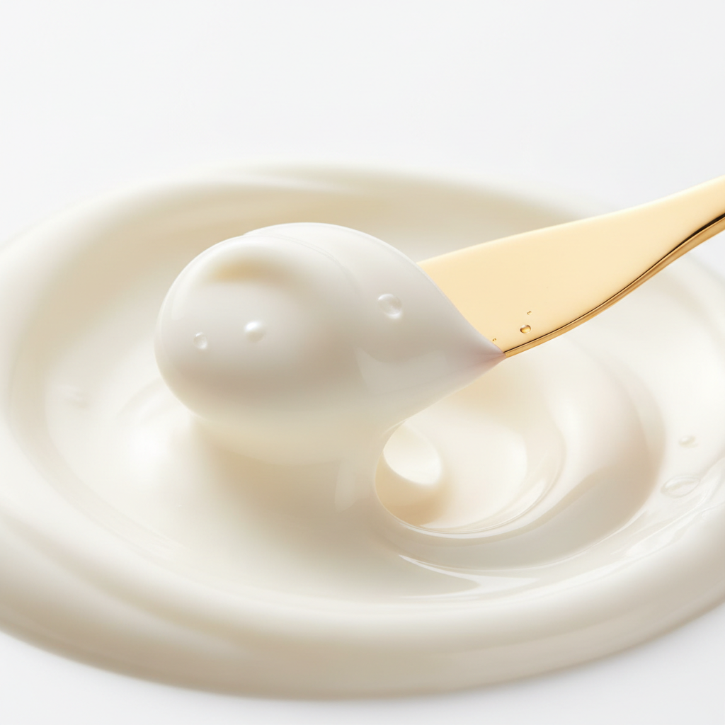 Close-up of glass skin cream texture being scooped with a gold spatula