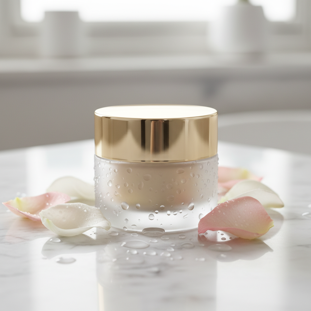 Luxury hydrating glass skin cream jar on white marble surface with rose petals