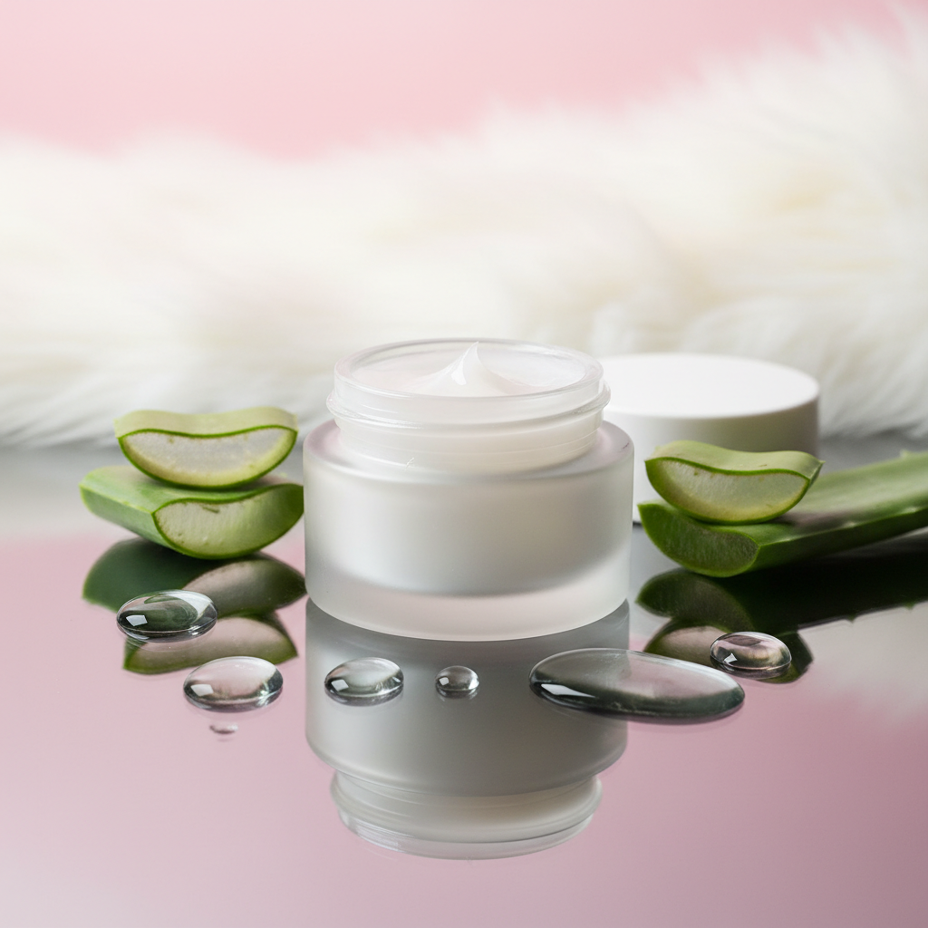 Glass skin cream flat lay with hyaluronic acid and aloe vera leaves
