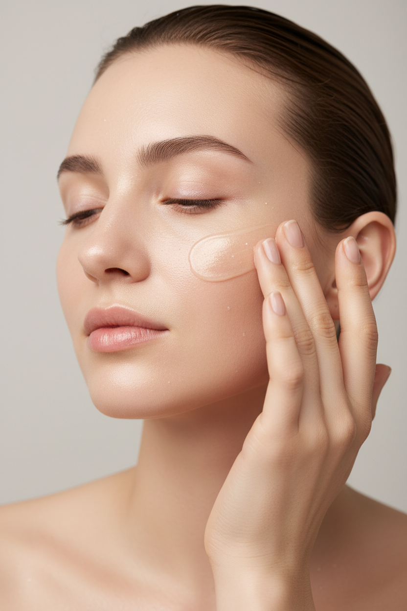 Model applying glass skin cream showing glowing dewy luminous skin