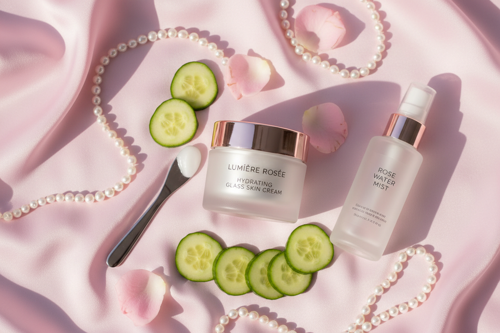 Glass skin cream lifestyle flat lay with cucumber slices and rose water on pink silk